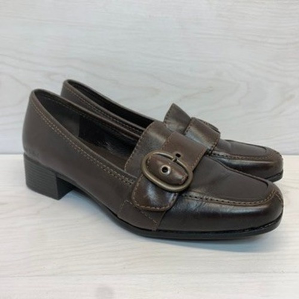 Josef Seibel Womens 7.5 Leather Loafers Buckle Strap Brown Block Heel Pump
